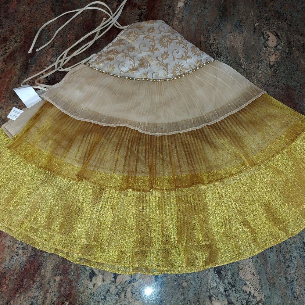 Pier 1 Imports Ruffled Gold Beaded Frilly Christmas Tree Skirt 48"